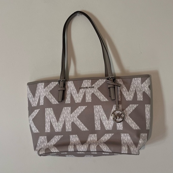 Michael Kors Handbags - Michael Kors Taupe and White MK Tote